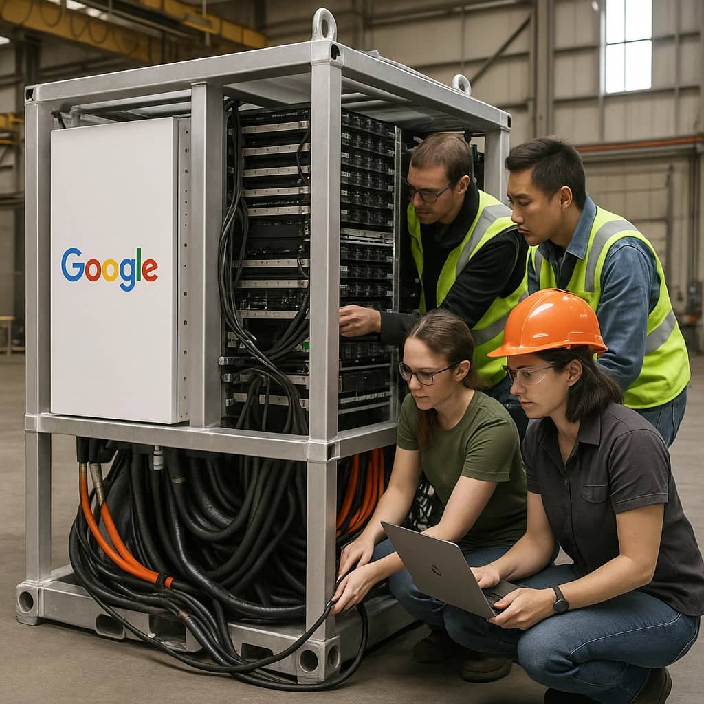 Google employees working on a server